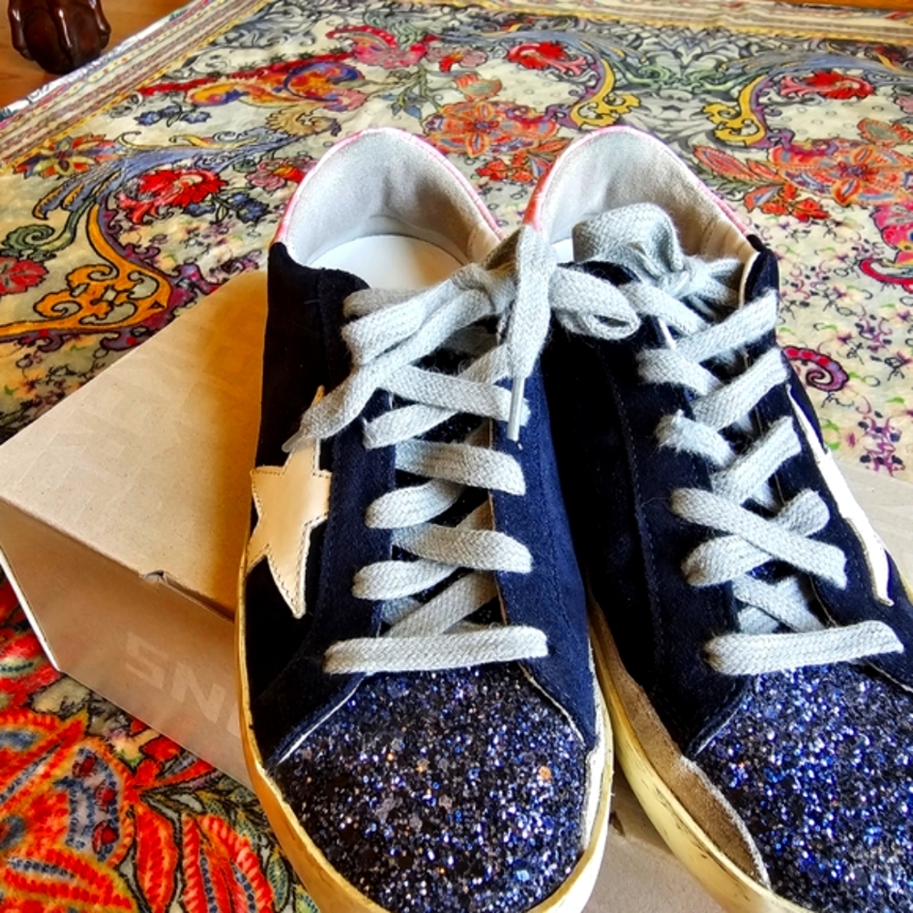 Golden Goose Navy and Glitter Sneakers